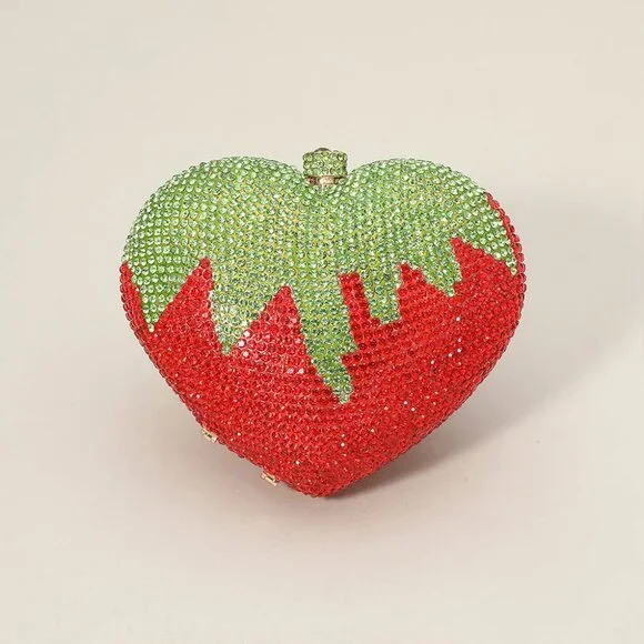 Crystal Strawberry Rhinestone Heart Clutch with Gold Chain